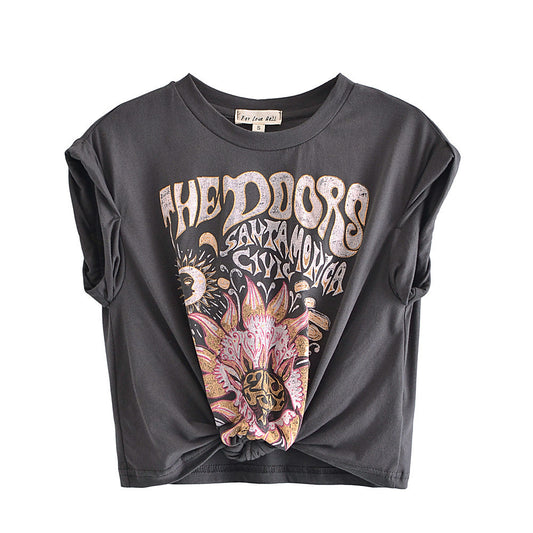 Women's Round Neck Short Sleeve Hem Bow Tie Printed T-shirt - Odyssey