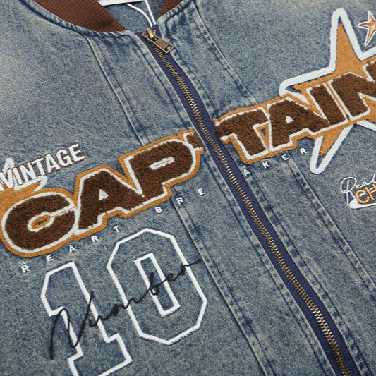 Letter Patch Embroidered Denim Baseball Cotton-padded Jacket Vintage