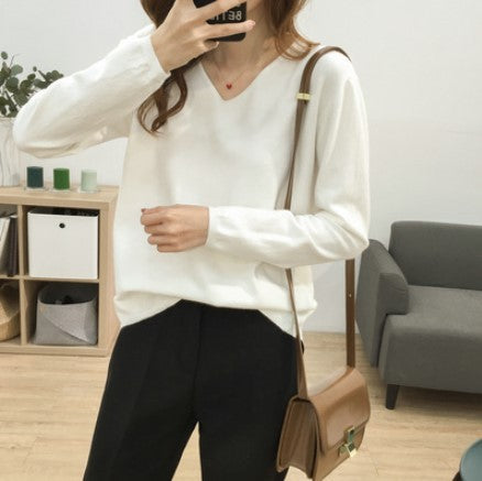 Loose Slimming V-neck Long-sleeved Sweater – Fresh & Sweet Korean Style