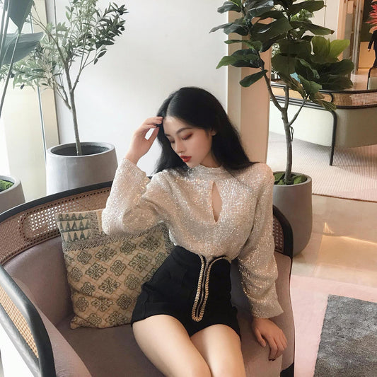 Ladies Two-piece Suit Heavy Sequins Temperament Long Sleeves