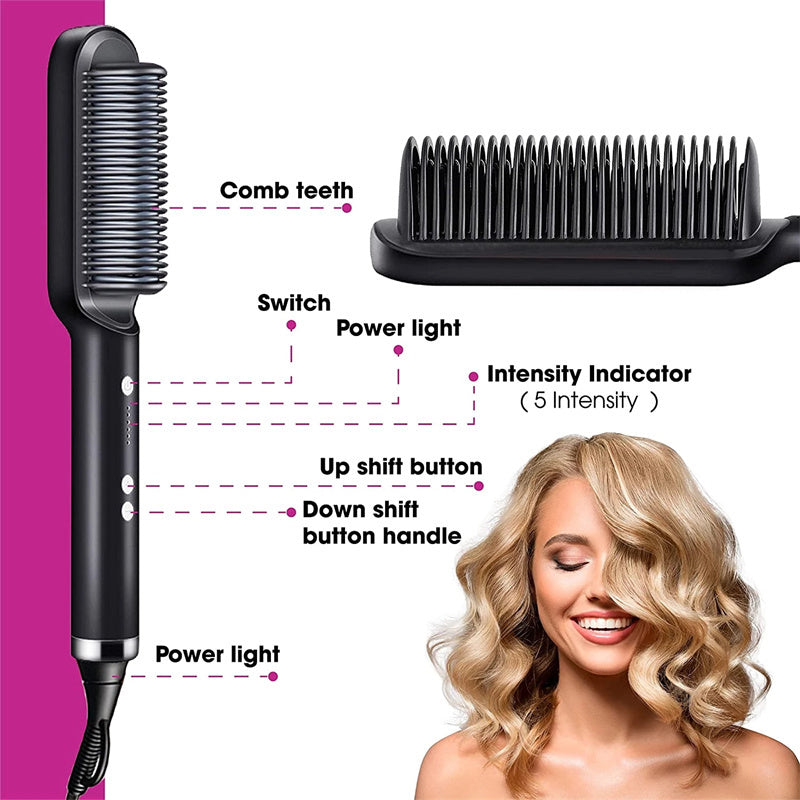 2-in-1 Hair Straightener & Curling Hot Comb – Negative Ion Ceramic Brush | Dual-Purpose Styling Tool