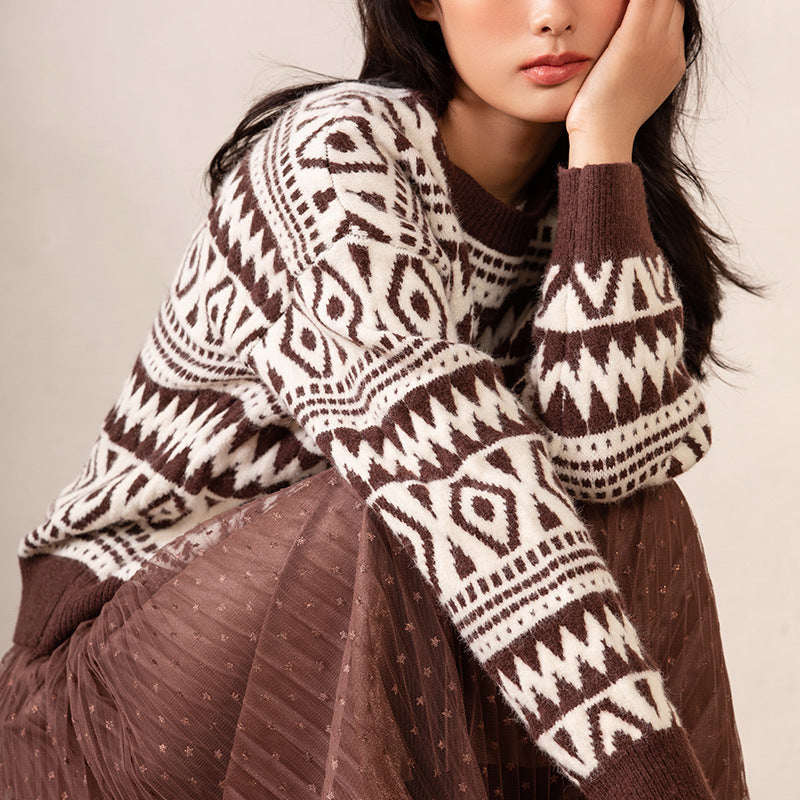 Women's Geometric Round Neck Loose Long Sleeve Sweater
