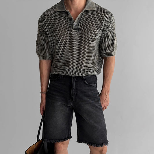 Men’s Honeycomb Hollow Knit Polo Shirt – Short-Sleeved Lightweight Summer Top