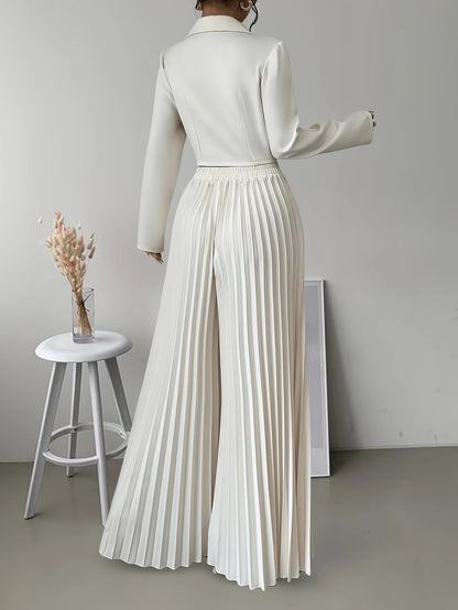 Women’s Long-Sleeved Top & Pleated Skirt Set – Suit Collar Style