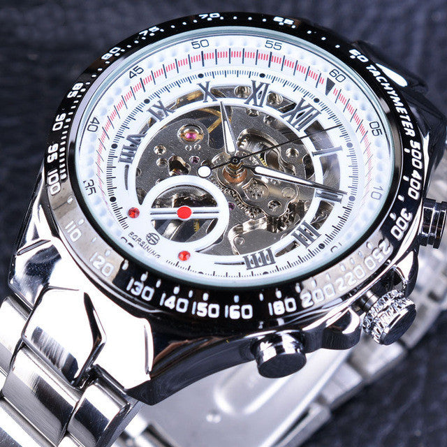 Men’s Waterproof Steel Band Mechanical Watch – 3ATM Alloy Case with Transparent Back