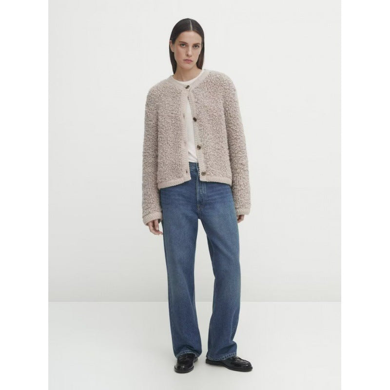 Women's Button-Decorated Terry Yarn Knitted Cardigan – Round Neck Coat