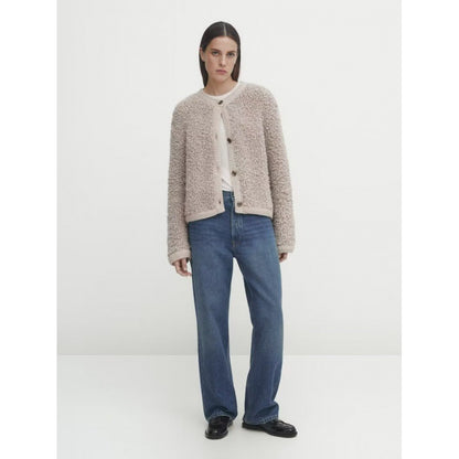 Women's Button-Decorated Terry Yarn Knitted Cardigan – Round Neck Coat