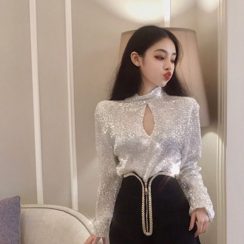 Ladies Two-piece Suit Heavy Sequins Temperament Long Sleeves