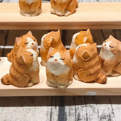Wood Carving Small Orange Cat Ornaments Handicrafts