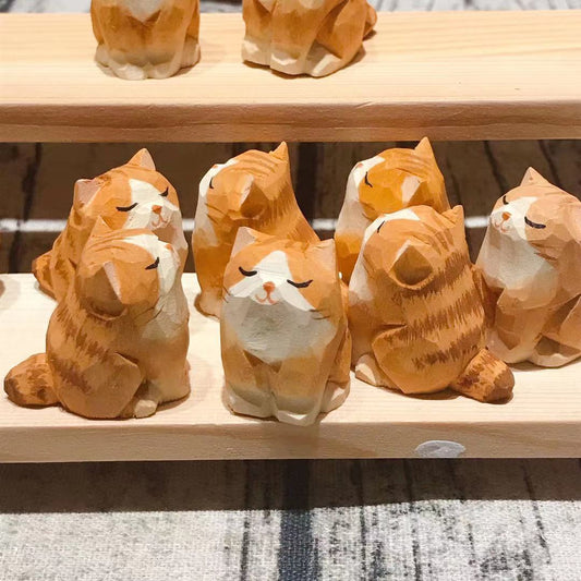 Wood Carving Small Orange Cat Ornaments Handicrafts