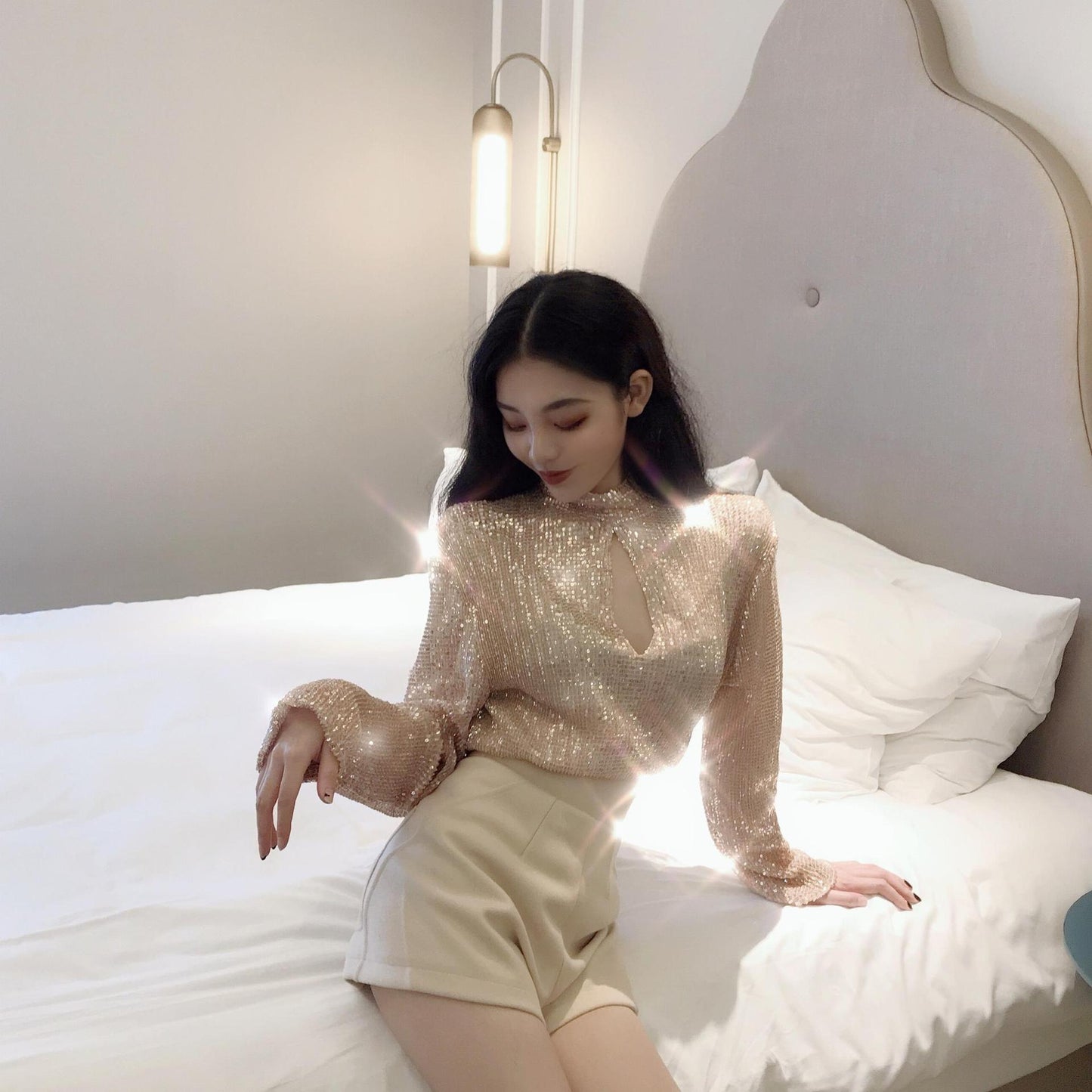 Ladies Two-piece Suit Heavy Sequins Temperament Long Sleeves