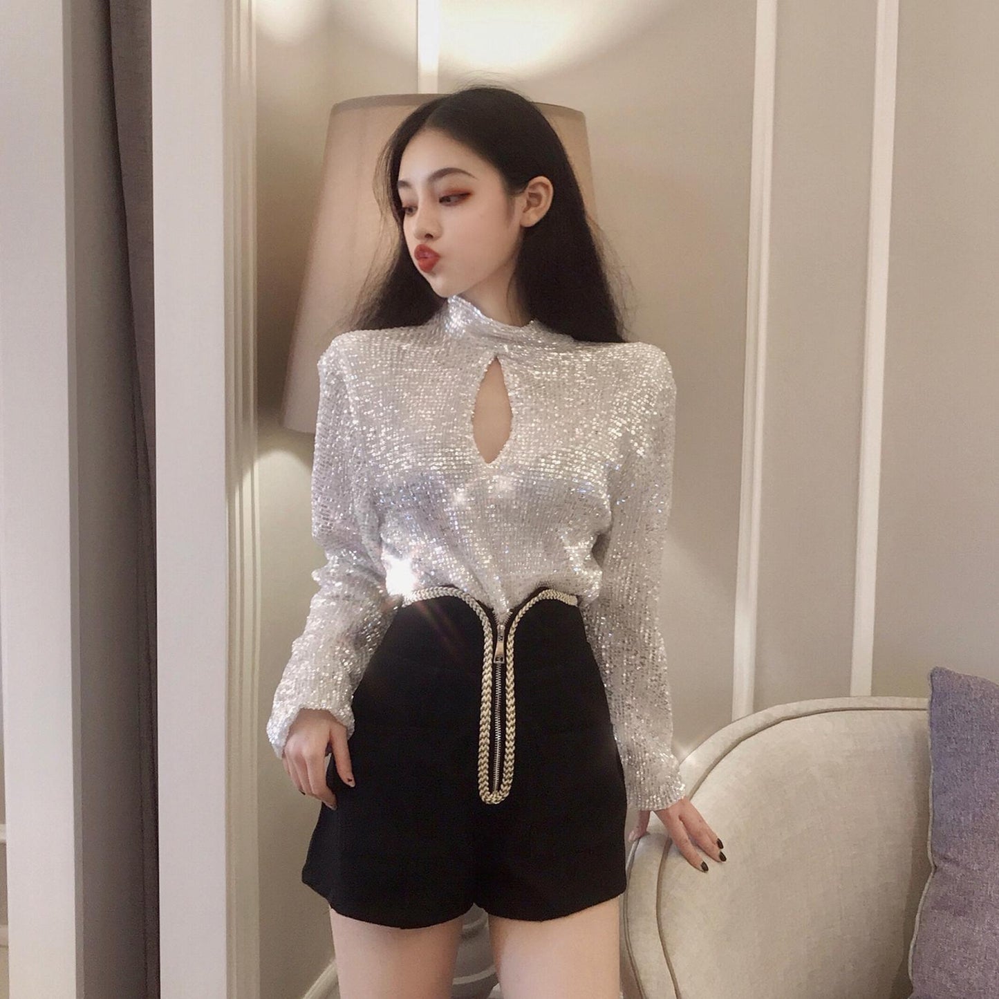 Ladies Two-piece Suit Heavy Sequins Temperament Long Sleeves