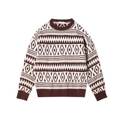 Women's Geometric Round Neck Loose Long Sleeve Sweater