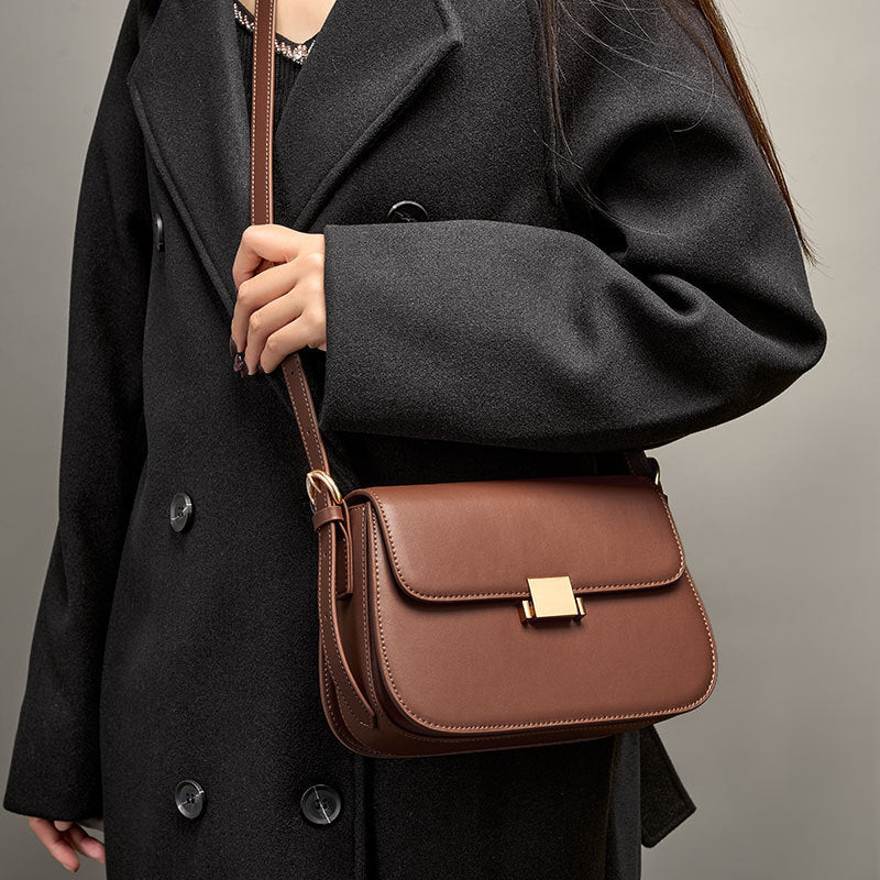European Retro Genuine Leather Crossbody Bag for Women – Lock Design, Soft Cowhide, Daily Style