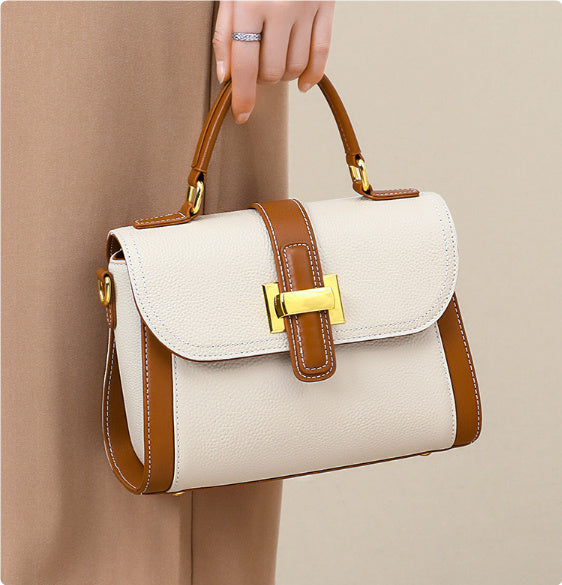 Genuine Leather Street Trend Handbag for Women – Soft Cowhide, Contrast Color, Horizontal Square Design