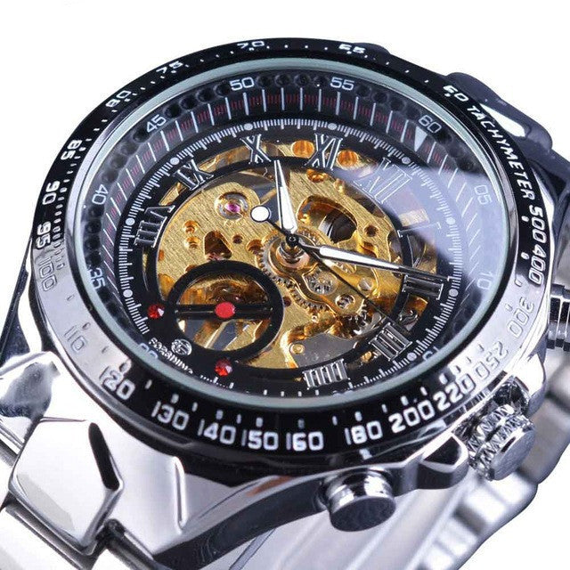 Men’s Waterproof Steel Band Mechanical Watch – 3ATM Alloy Case with Transparent Back