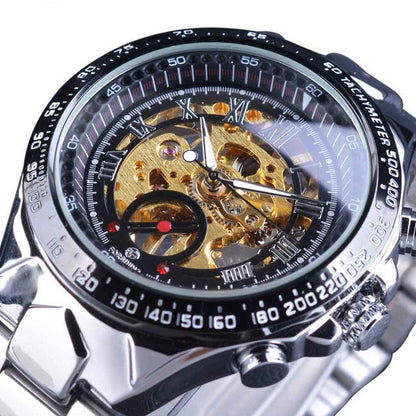 Men’s Waterproof Steel Band Mechanical Watch – 3ATM Alloy Case with Transparent Back