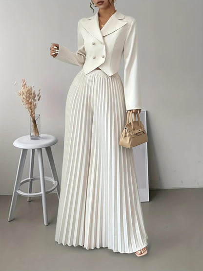 Women’s Long-Sleeved Top & Pleated Skirt Set – Suit Collar Style