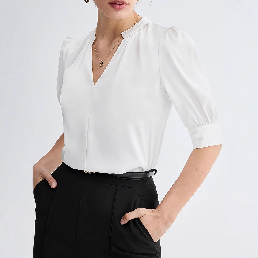 Summer Loose Solid Color Notched V-neck Half-sleeve Shirt for Women