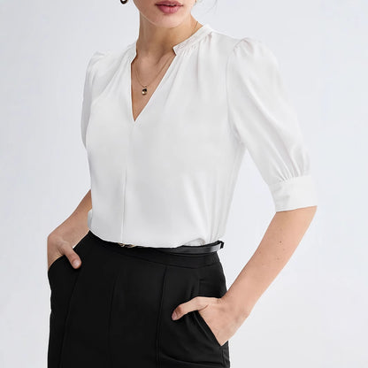 Summer Loose Solid Color Notched V-neck Half-sleeve Shirt for Women