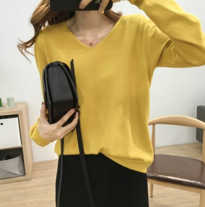 Loose Slimming V-neck Long-sleeved Sweater – Fresh & Sweet Korean Style