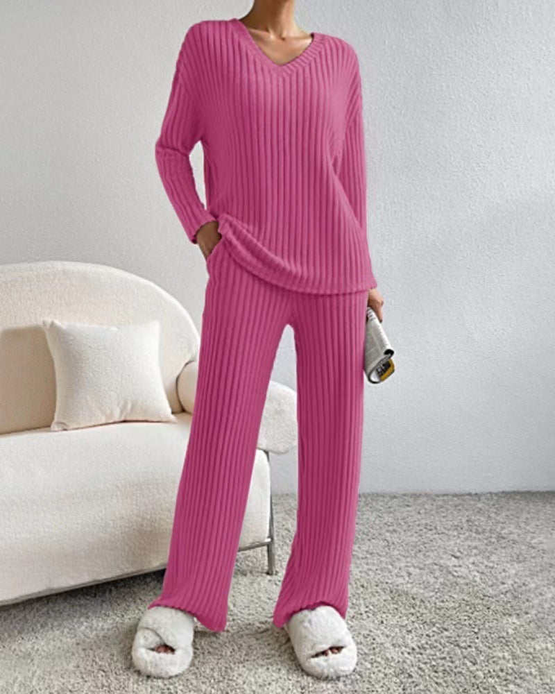 Fashion Solid Striped Suit – V-neck Long-sleeved Top & Casual Straight Pants