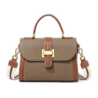 Genuine Leather Street Trend Handbag for Women – Soft Cowhide, Contrast Color, Horizontal Square Design