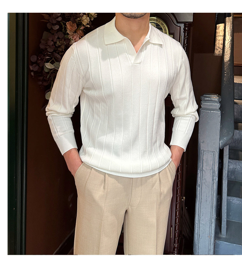 Men’s Loose Fit Pit Stripe V-Neck Long Sleeve T-Shirt – Wool Blend, Flip Collar, Casual Autumn Wear