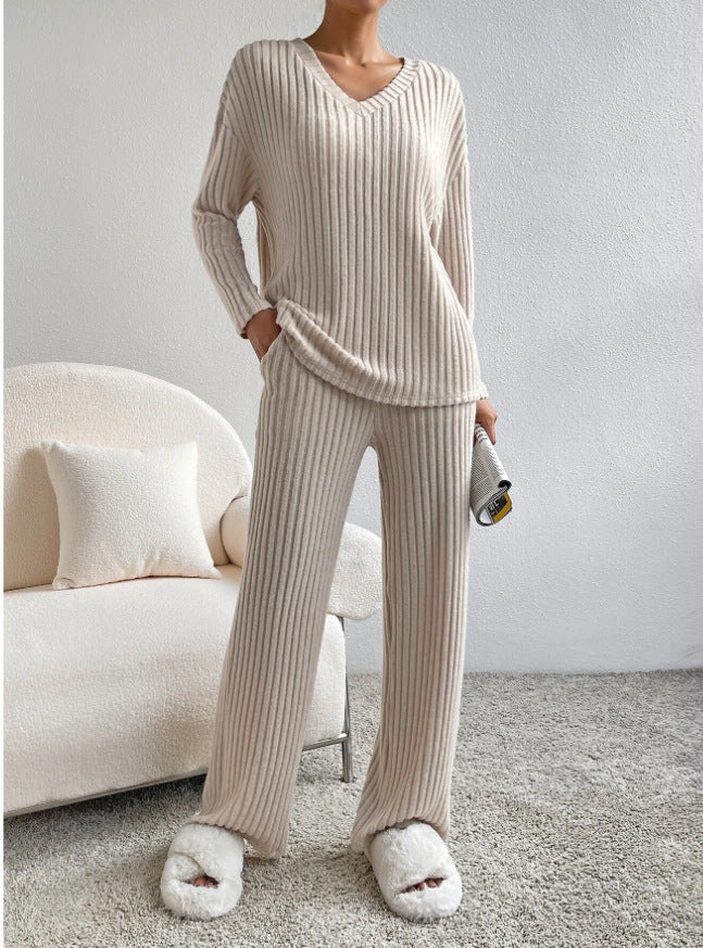 Fashion Solid Striped Suit – V-neck Long-sleeved Top & Casual Straight Pants