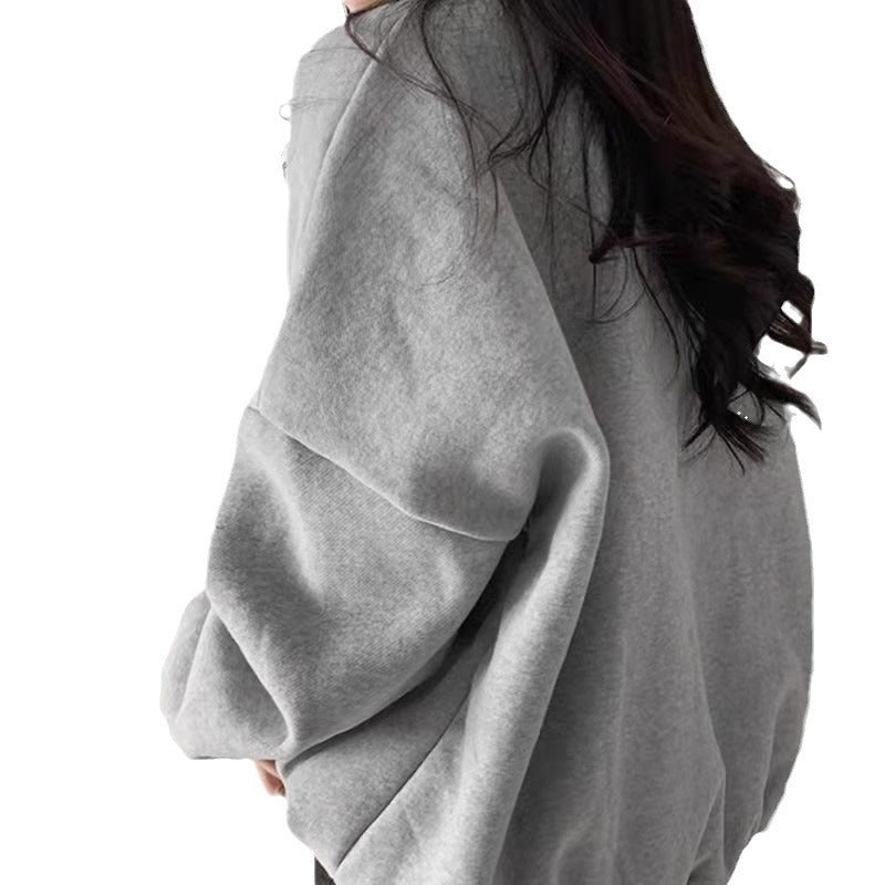 Gray Capless Round Neck Brushed Hoodie – Women's Loose Fit