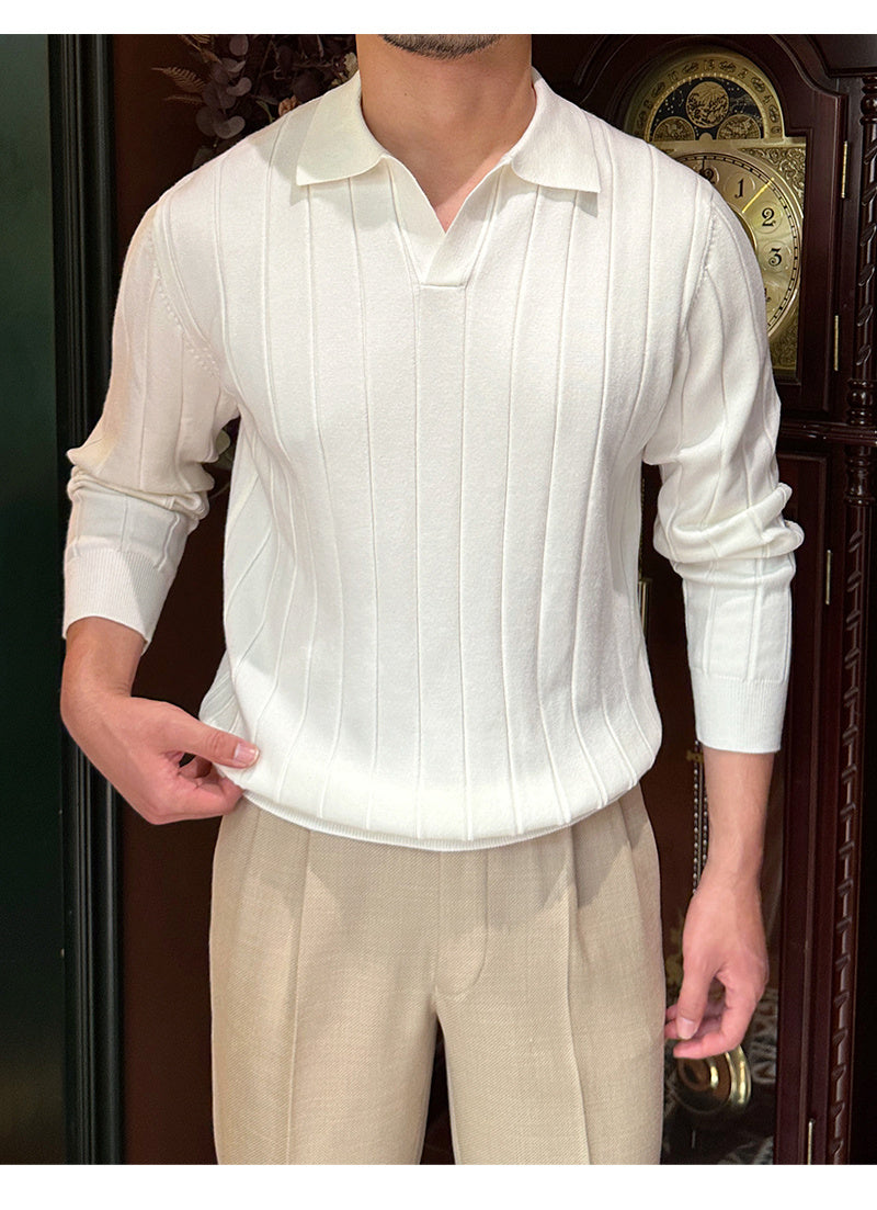 Men’s Loose Fit Pit Stripe V-Neck Long Sleeve T-Shirt – Wool Blend, Flip Collar, Casual Autumn Wear