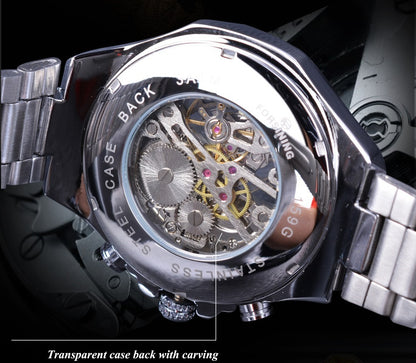 Men’s Waterproof Steel Band Mechanical Watch – 3ATM Alloy Case with Transparent Back