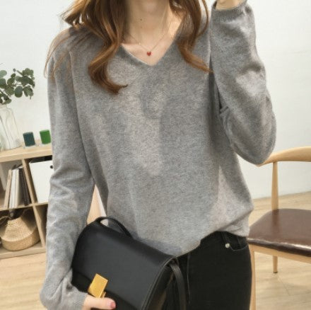 Loose Slimming V-neck Long-sleeved Sweater – Fresh & Sweet Korean Style